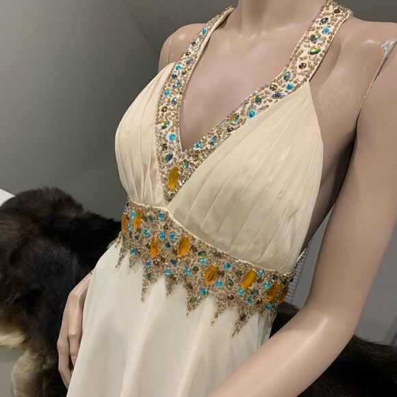 New Sexy V-Neck & Cross Back Beaded Halter Evening Dress - Picture 6 of 16